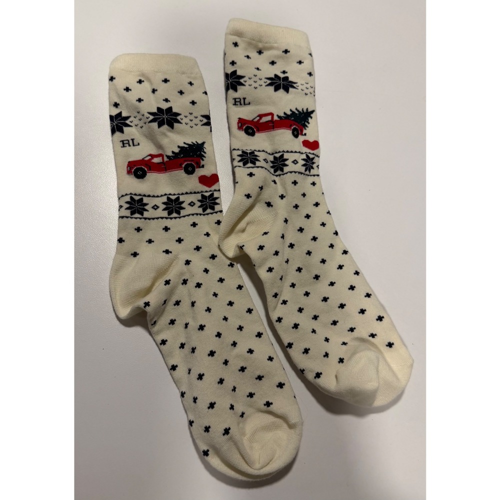 Polo Ralph Lauren Holiday Christmas Red Truck Crew Socks Cream Navy RL Heart